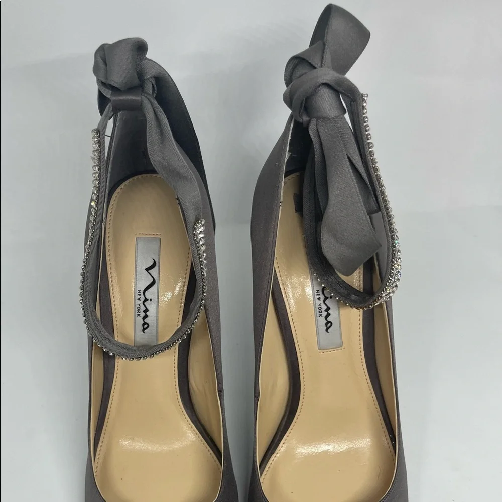 Nina Charcoal Satin Peep-Toe Heels with Rhinestone Ankle Straps and Ribbon Tie
